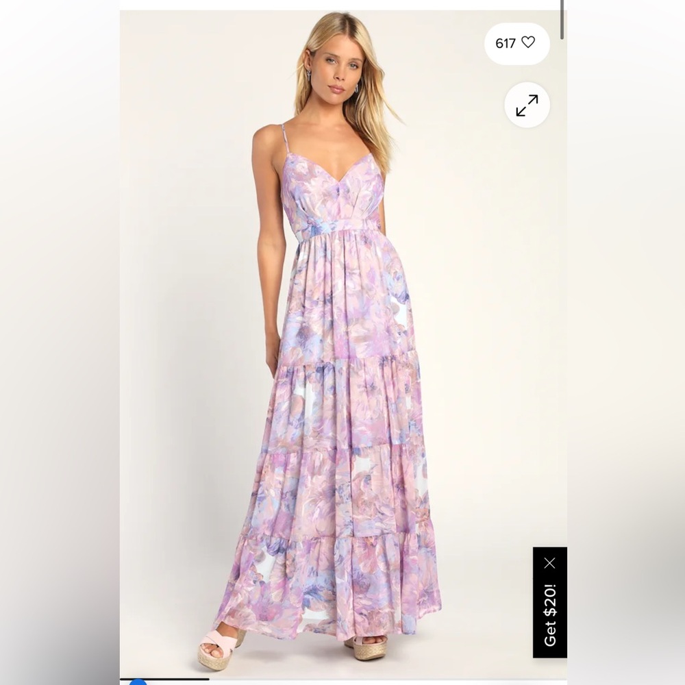 Make Me Blush Lavender Floral Print Tiered Maxi Dress Wedding Guest Dress